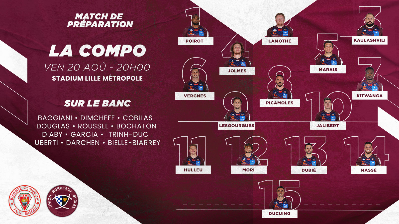 La compo pour le match de pr&eacute;paration face &agrave; Biarritz